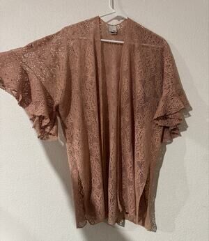 SO Floral Lace Open Front Kimono Cardigan Ruffle Sleeve Mauve Pink Coquette Chic